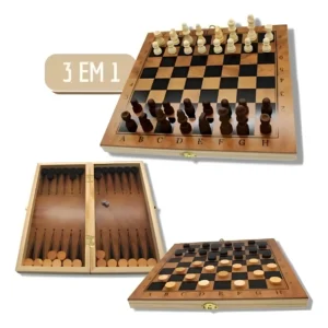 Jogo De Xadrez Dama Gamão Tabuleiro Dobrável Madeira 30x30cm
